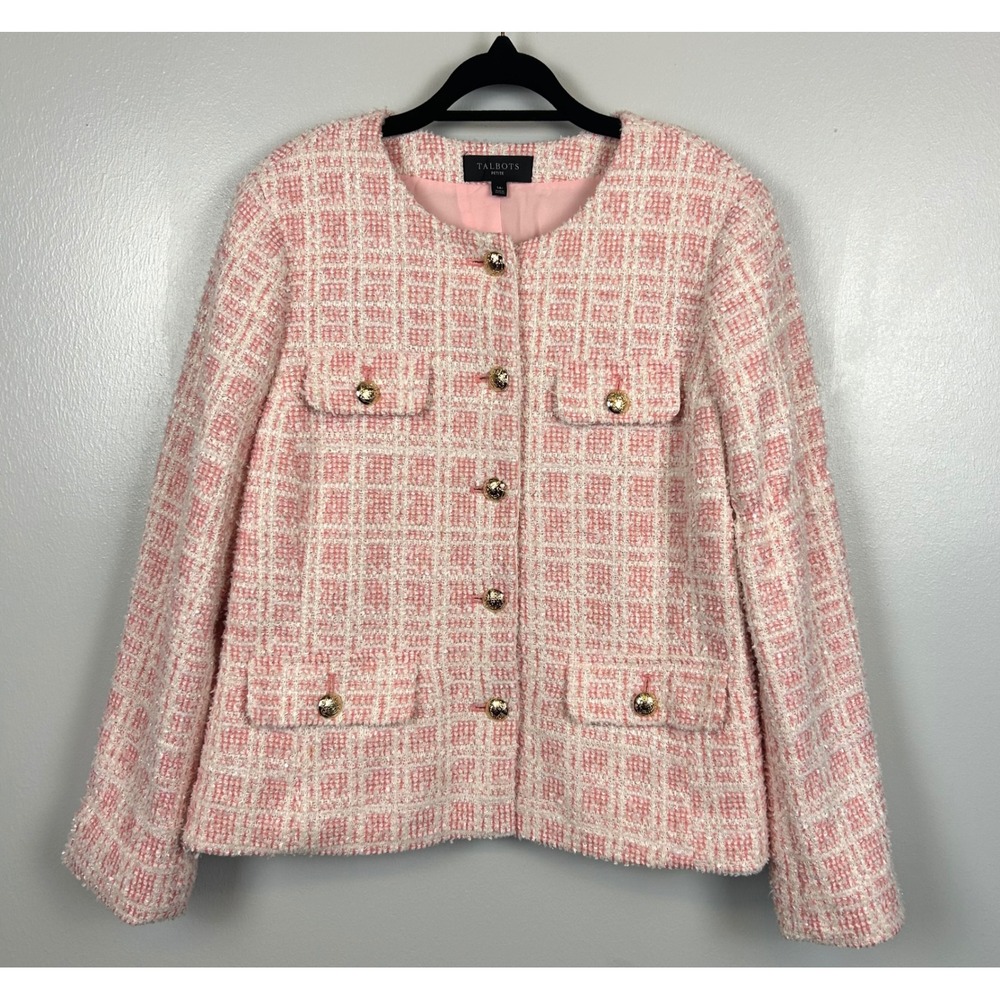 Talbots Windowpane Tweed Blazer 14 Petite Pink White Gold‎ Buttons Jacket Preppy
